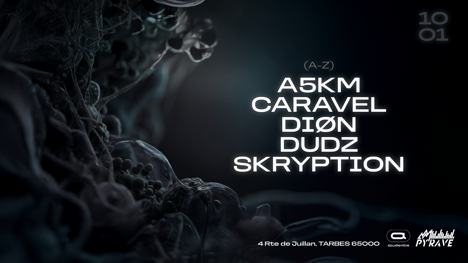 Affiche PY'RAVE | DIØN - SKRYPTION - CARAVEL - A5KM - DUDZ | SAMEDI 10 JANVIER