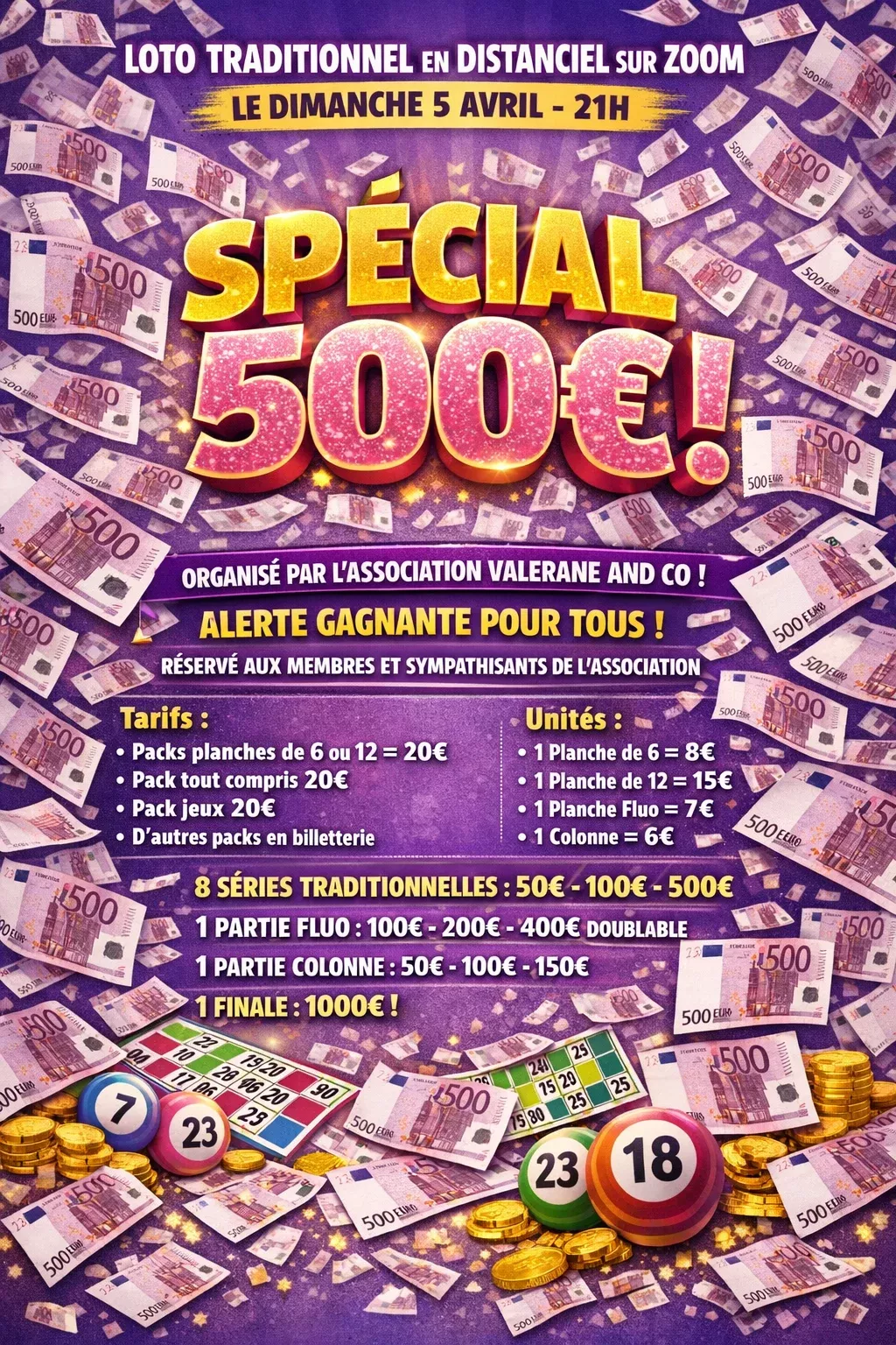 Affiche ASSOCIATION VALERANE AND CO - LOTO SPECIAL 500 DU DIMANCHE 5 AVRIL 21H