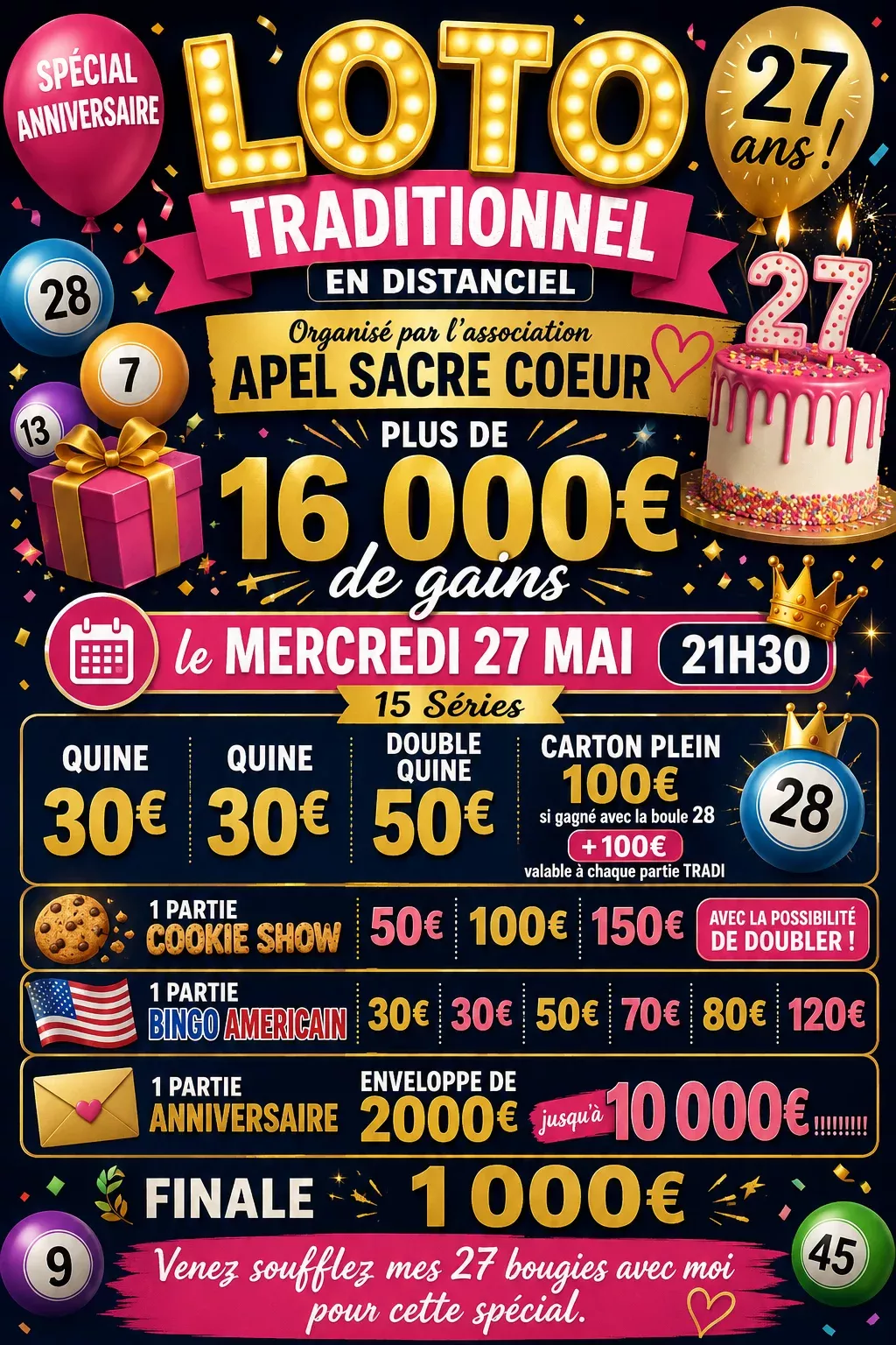 Affiche ASSOCIATION SACRE COEUR - LOTO ANNIVERSAIRE DU MERCREDI 27 MAI 21H30