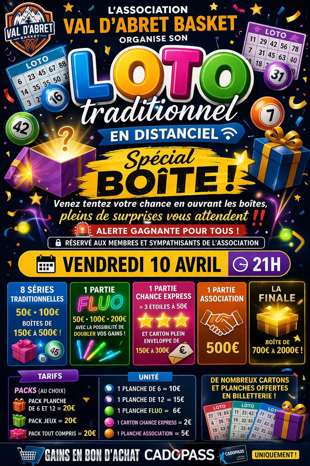 Affiche ASSOCIATION VAL D'ABRET BASKET - LOTO SPECIAL BOITE DU VENDREDI 10 AVRIL 21H